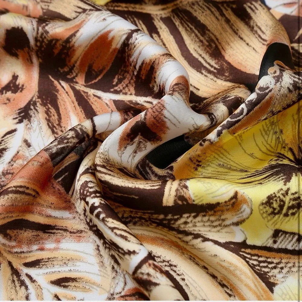 Elegant Floral tiger Silk feeling satin Scarf - Yellow and Brown